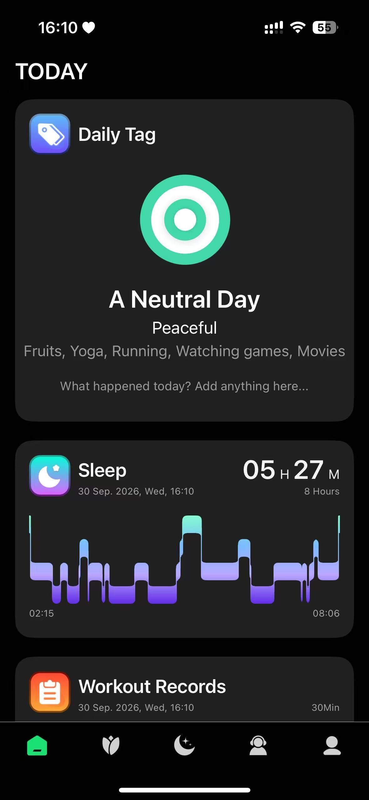 OWRing Home tab showing Daily Tag and Sleep summary