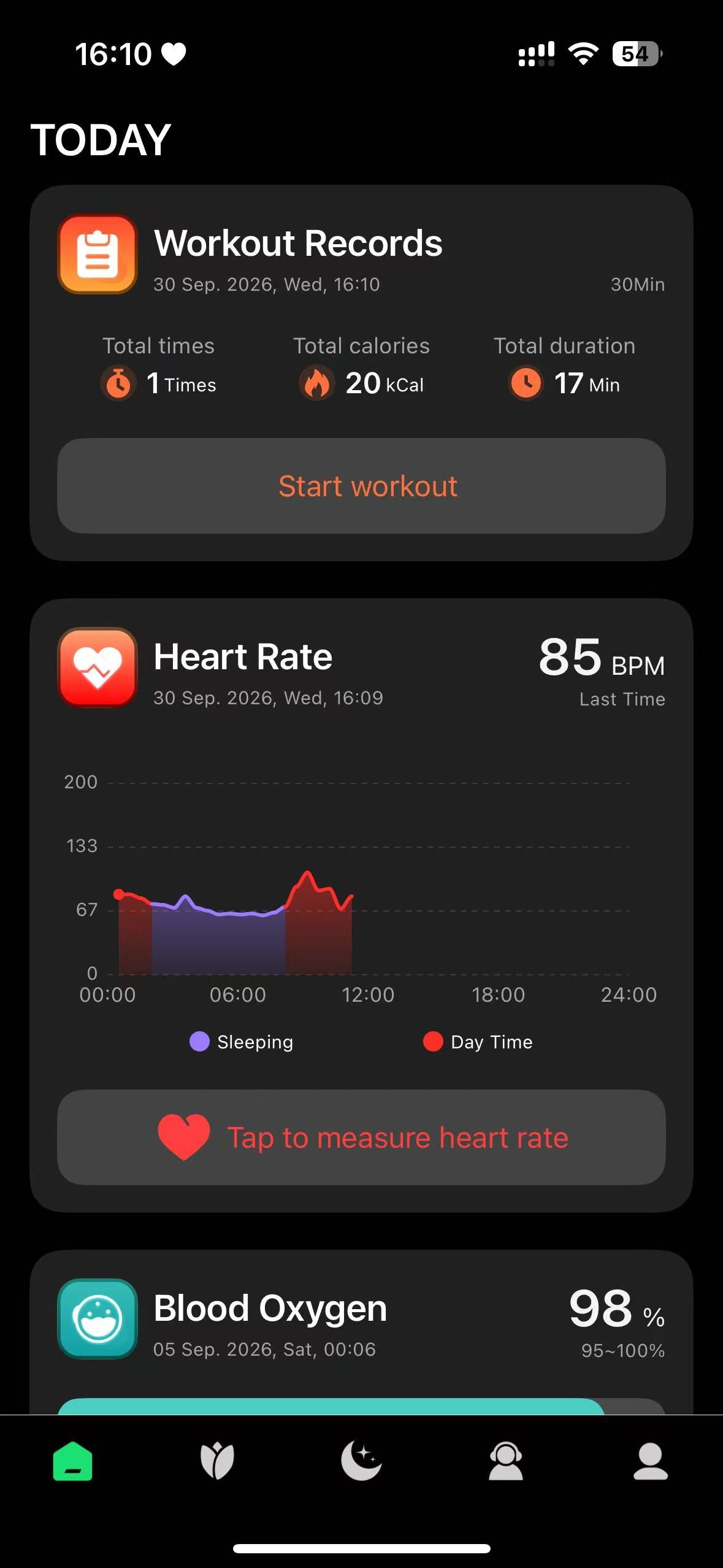 OWRing Home tab showing Workout Records and Heart Rate