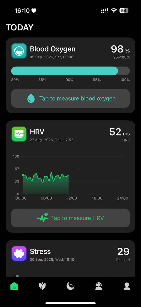 Home tab with Blood Oxygen, HRV and Stress cards