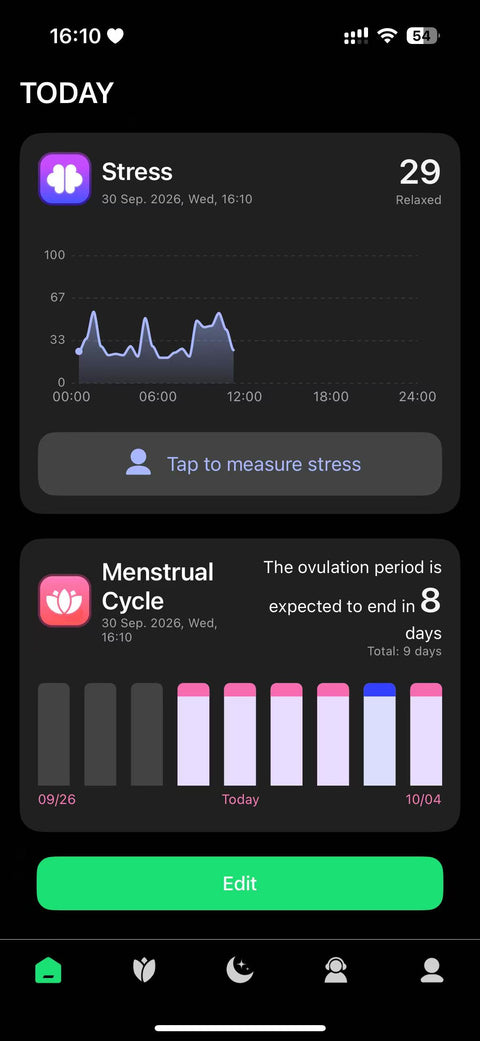 Home tab with Stress and Menstrual Cycle cards