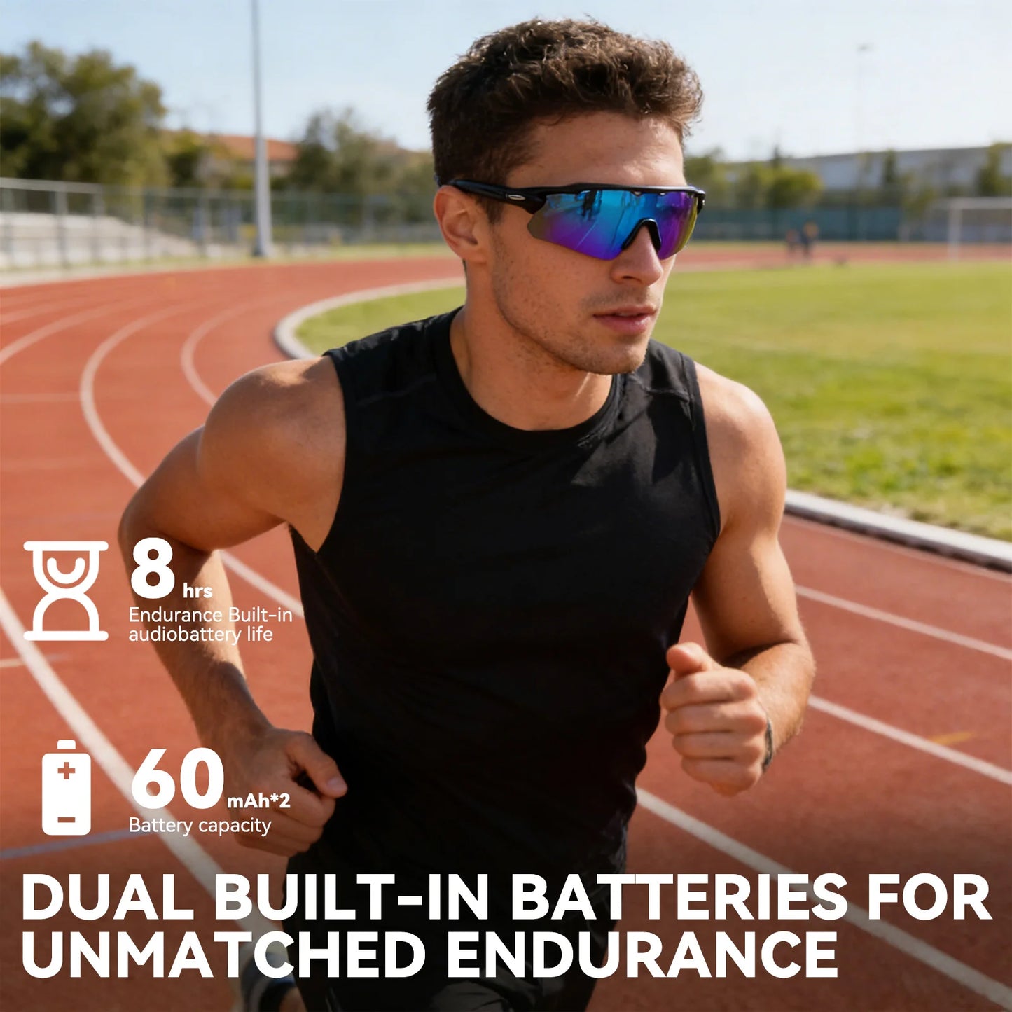 Smart sports sunglasses with dual batteries, 8-hour long battery life for running, cycling and outdoor activities
