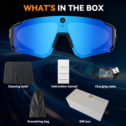 Osawalla smart glasses box contents including charging cable, cleaning cloth, manual, and bag