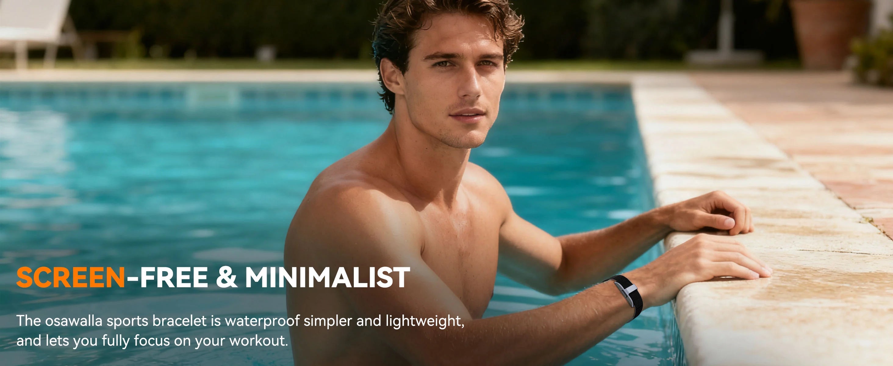Man wearing Osawalla sports bracelet by the swimming pool