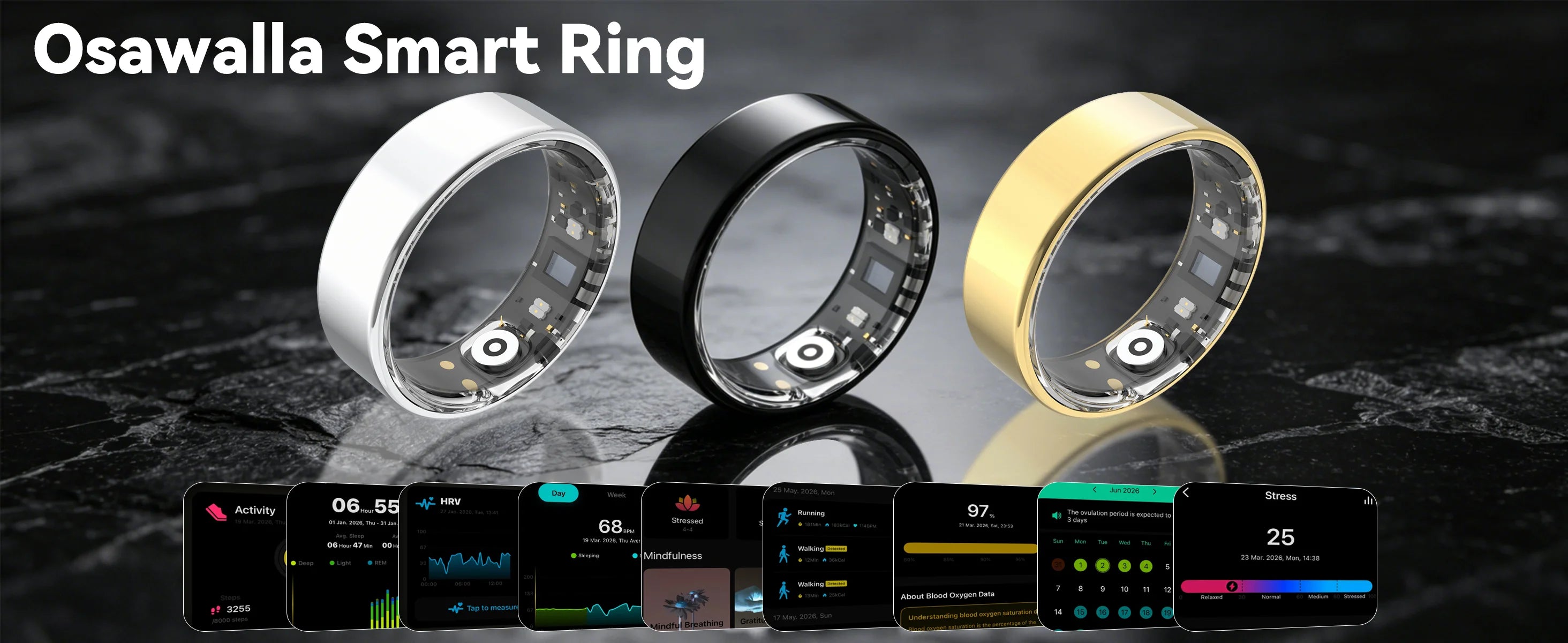 Osawalla Smart Ring 3 colors with activity sleep HRV stress SpO2 tracking app