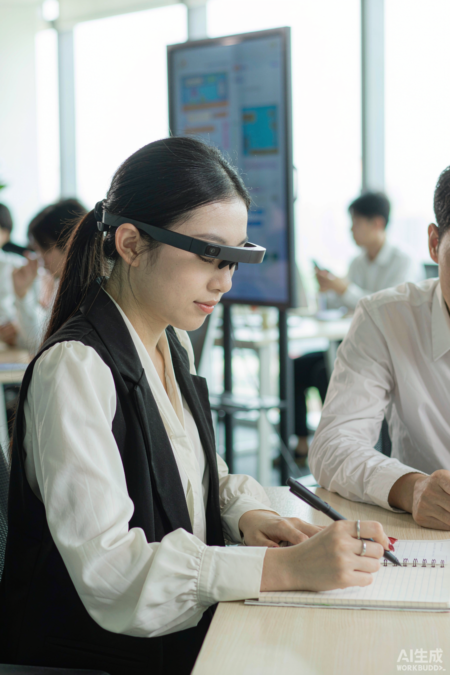 Lucia Petit testing translation glasses for work