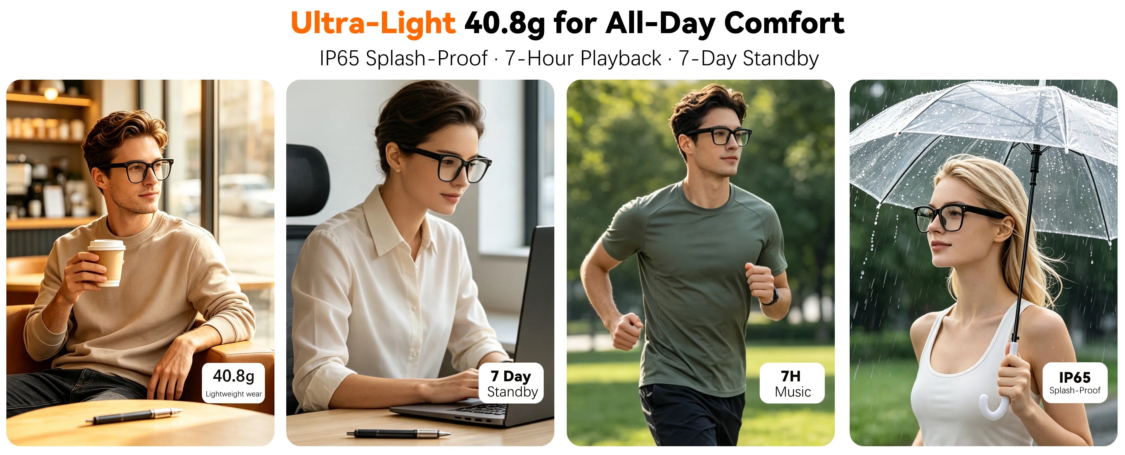 Osawalla GP02 smart glasses, ultra-light 40.8g all-day comfort, IP65 splash-proof, 7-hour playback and 7-day standby