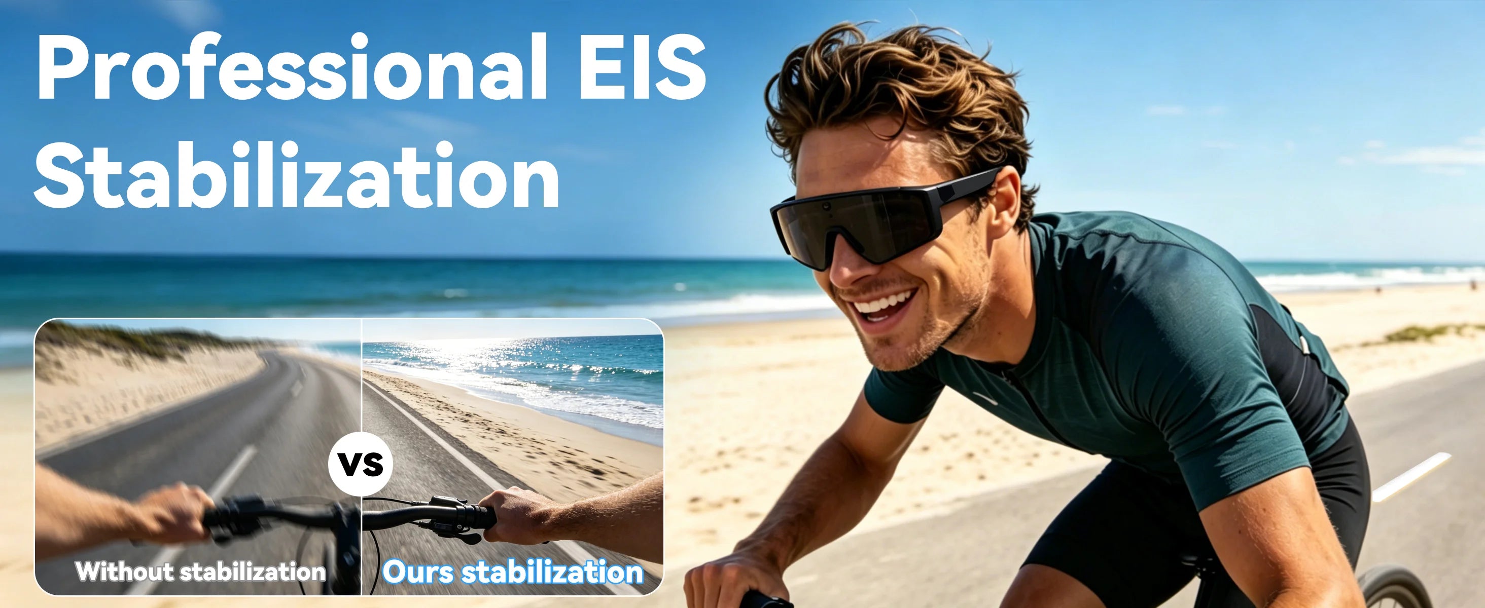 Osawalla  smart glasses stabilization comparison while beach cycling