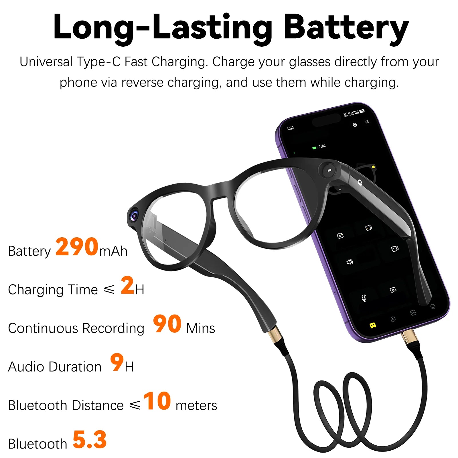 Osawalla GP10 smart glasses long‑lasting battery datasheet, reverse‑charging demo, key specs for recording, audio and Bluetooth connection
