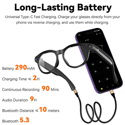 Osawalla GP10 smart glasses long‑lasting battery datasheet, reverse‑charging demo, key specs for recording, audio and Bluetooth connection