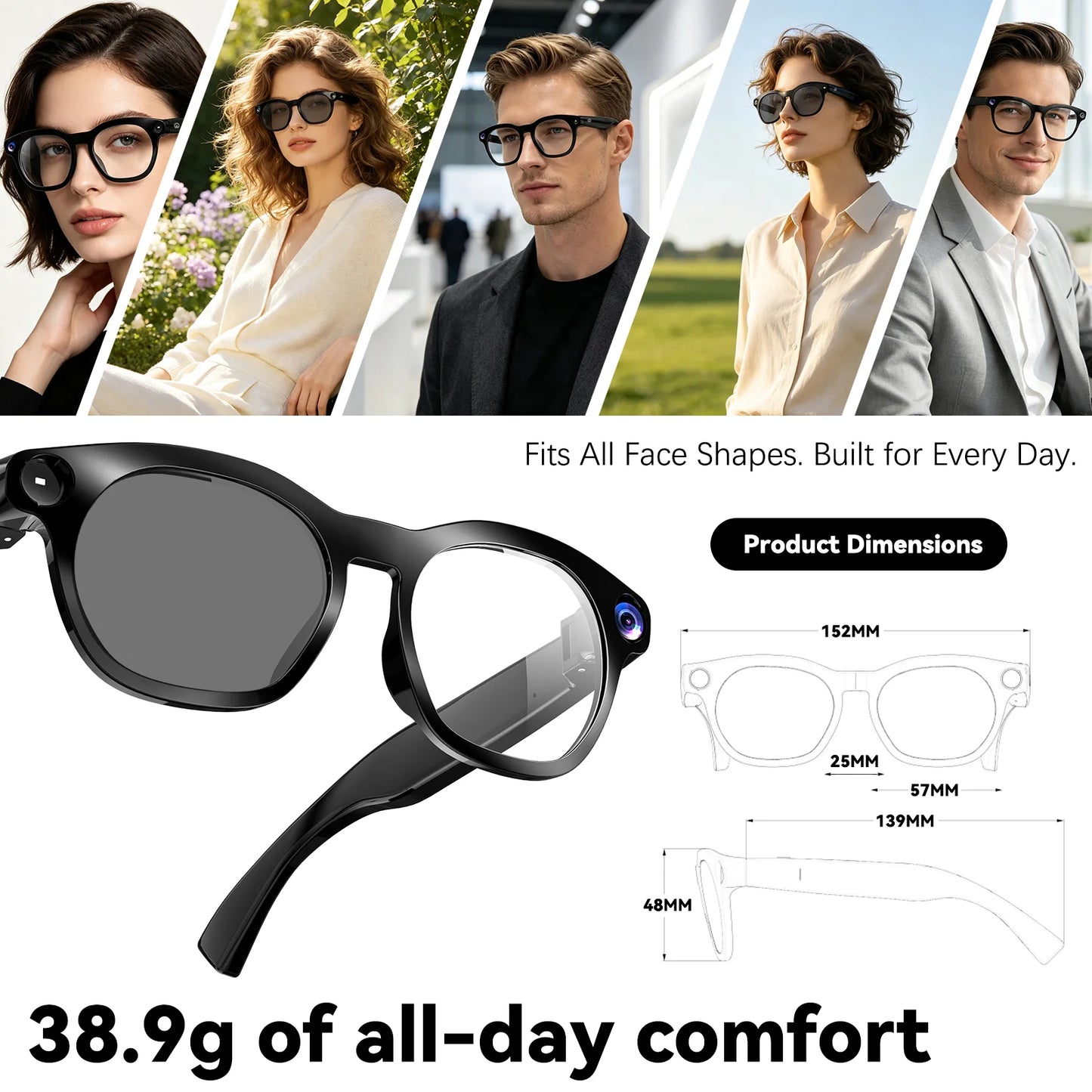 Osawalla GP10 smart glasses lightweight comfort and size specification collage