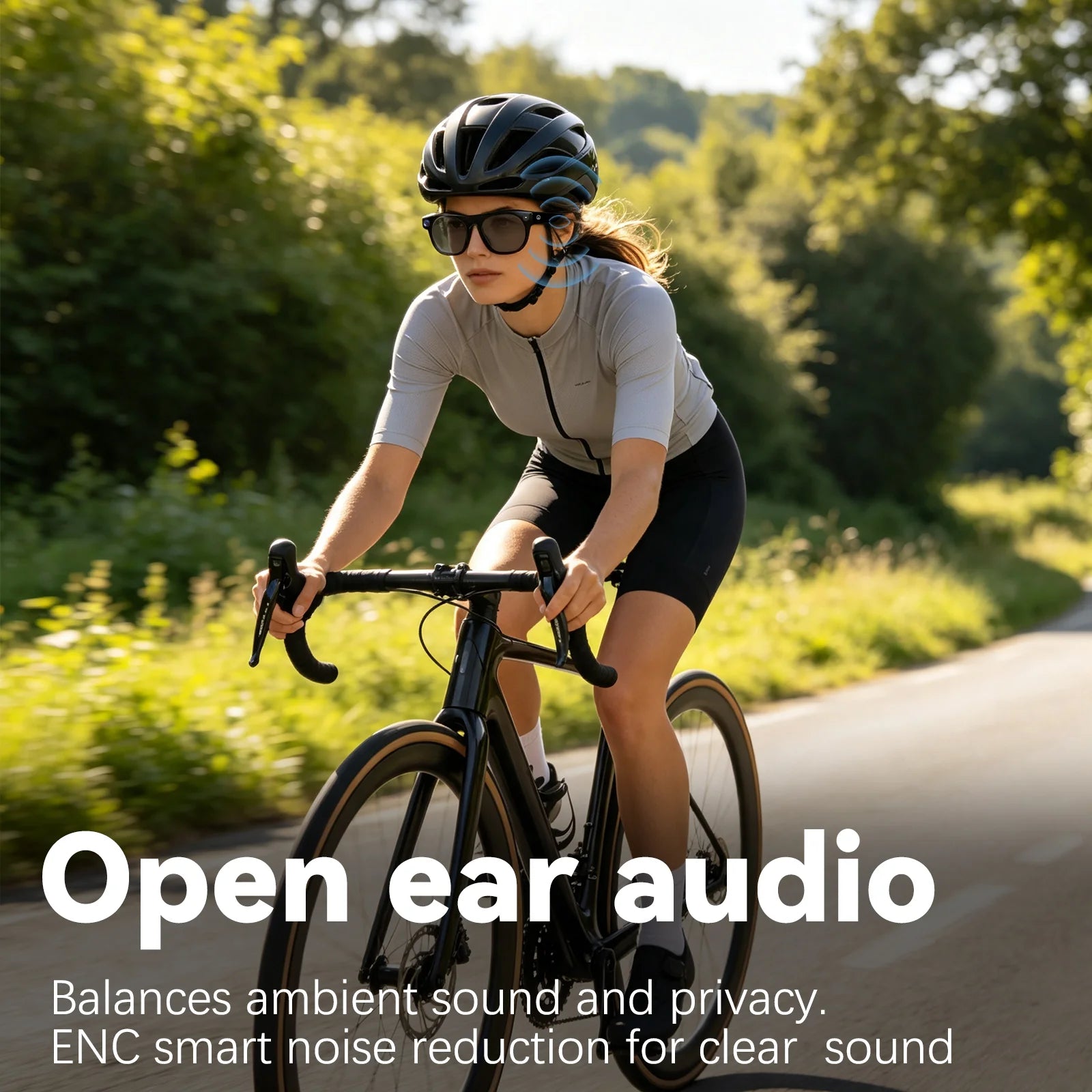 Female cyclist wearing Osawalla GP10 smart glasses outdoors, showcases open‑ear audio and ENC noise‑reduction performance