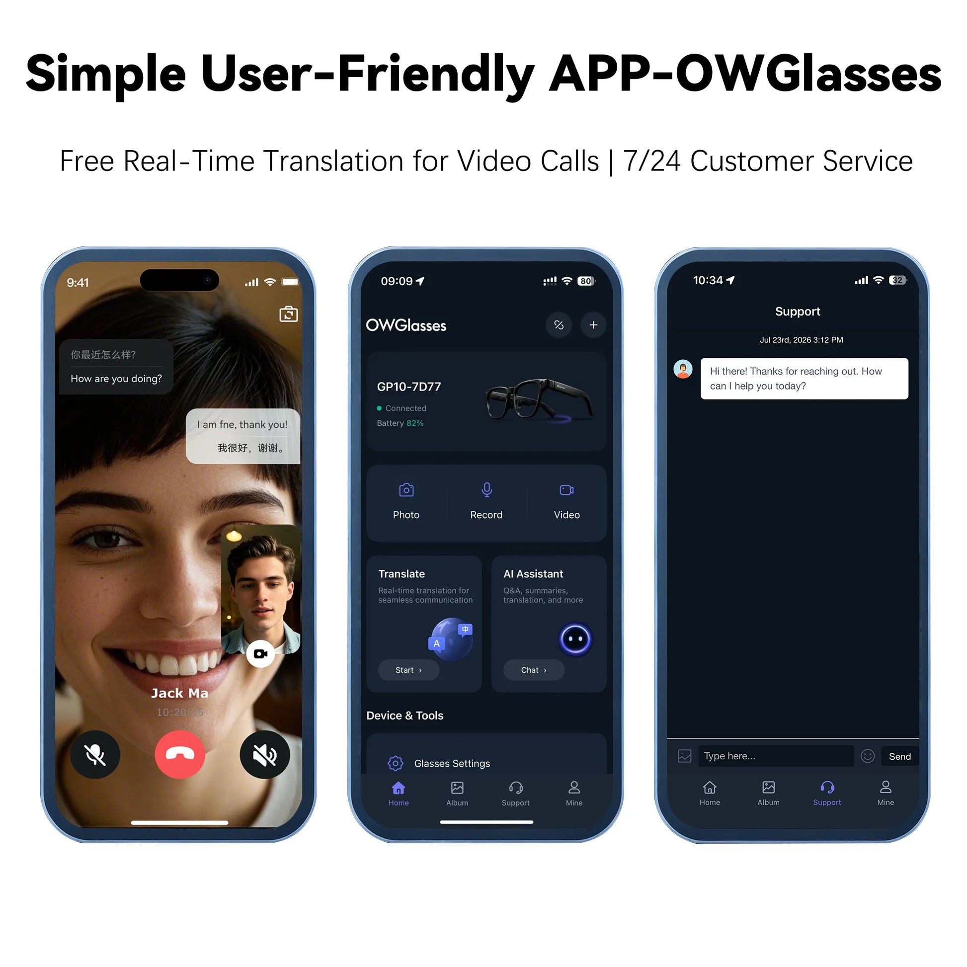 Osawalla GP10 OWGlasses app showcase, real‑time translation, AI assistant and customer support mobile screen previews