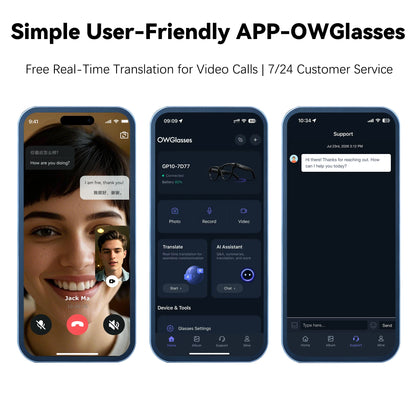 Osawalla GP10 OWGlasses app showcase, real‑time translation, AI assistant and customer support mobile screen previews