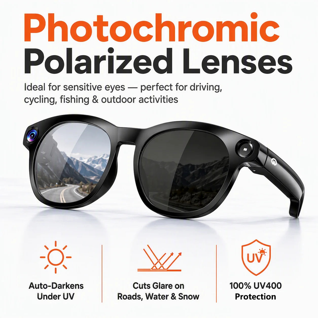 Osawalla GP10 smart glasses photochromic polarized lens spec chart showing auto‑tint, anti‑glare and UV400 protection features