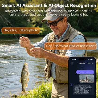 Osawalla GP10 smart glasses AI voice assistant and object recognition demo, fisherman scene showing voice control and smartphone app 
