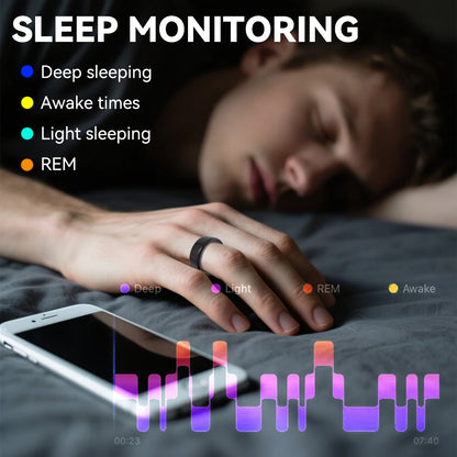 Man sleeping while wearing Osawalla RP02 smart ring with sleep stage monitoring app