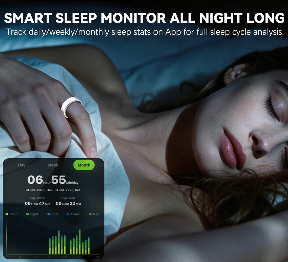 Osawalla Qring smart ring all-night sleep monitor with daily weekly monthly stats