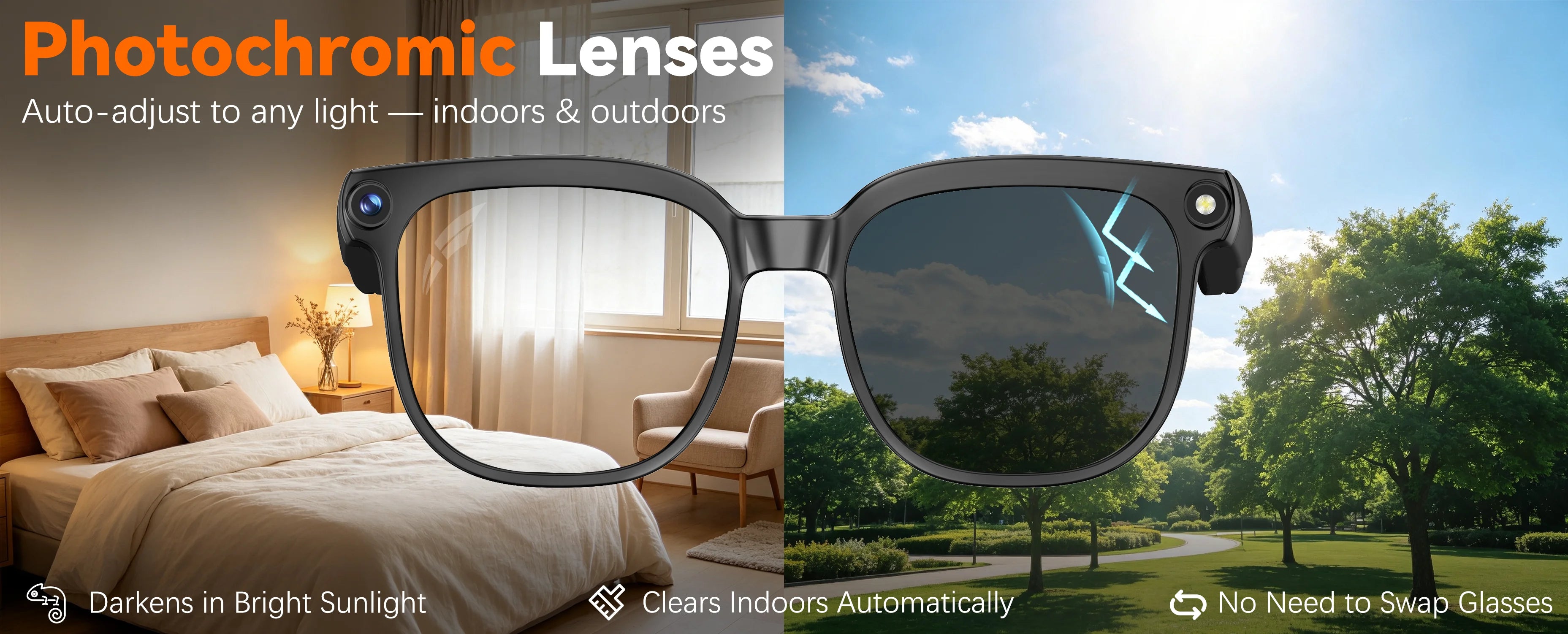 Osawalla GP02 smart glasses with photochromic lenses, auto tint indoors and outdoors
