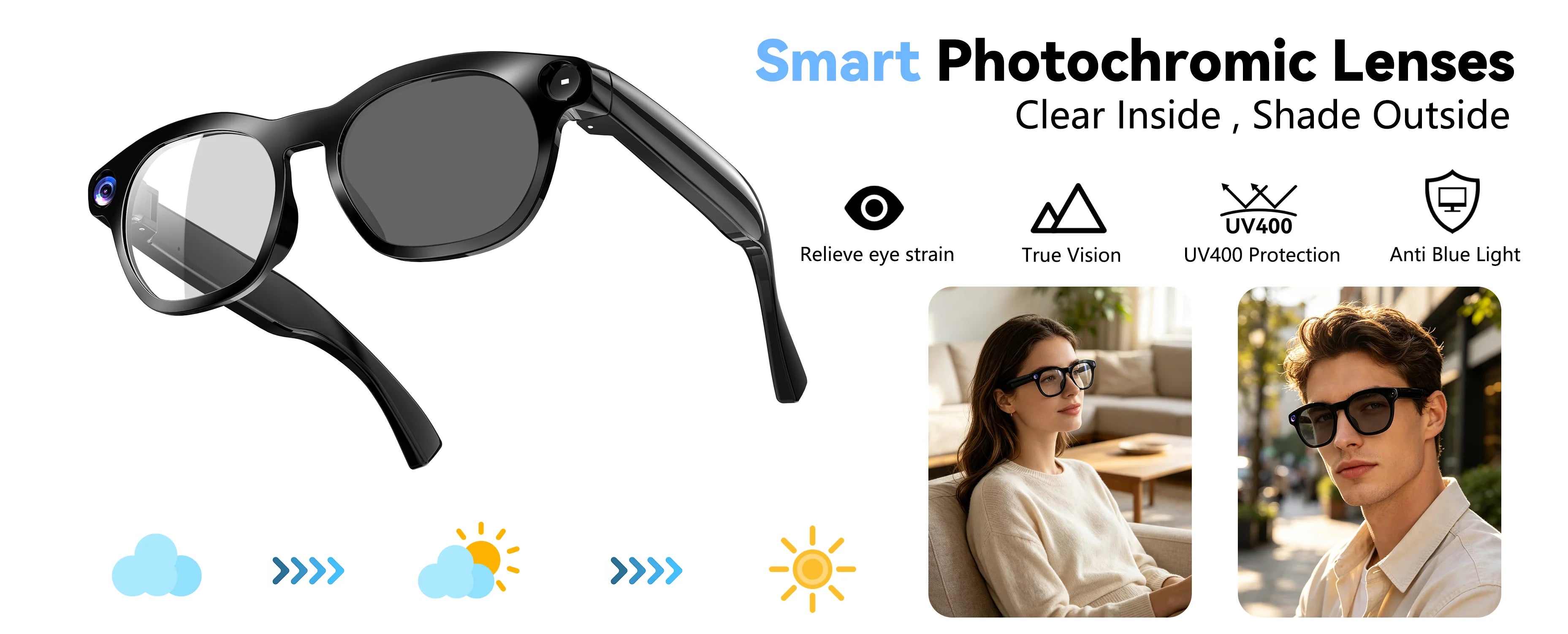 Osawalla GP10 smart glasses with photochromic lenses, UV400 protection and anti‑blue‑light feature, indoor‑outdoor transition display