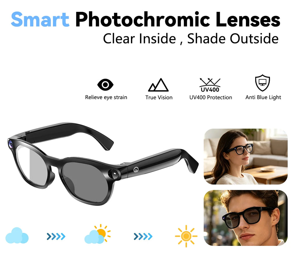Osawalla GP10 smart glasses with photochromic lenses, UV400 & anti‑blue‑light protection, auto tint indoor‑outdoor transition