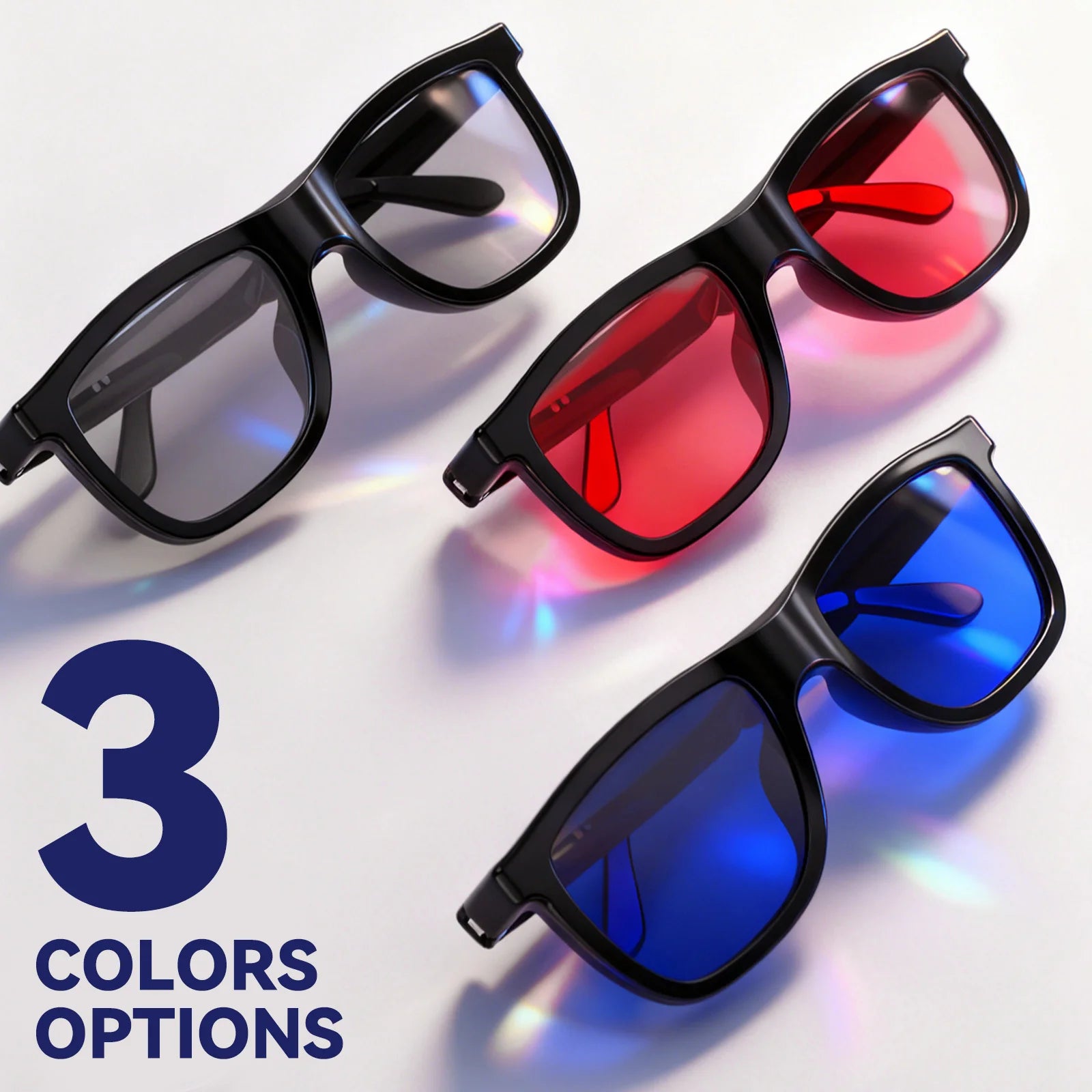 Black frame fashion glasses available in 3 lens color options: clear, red and blue