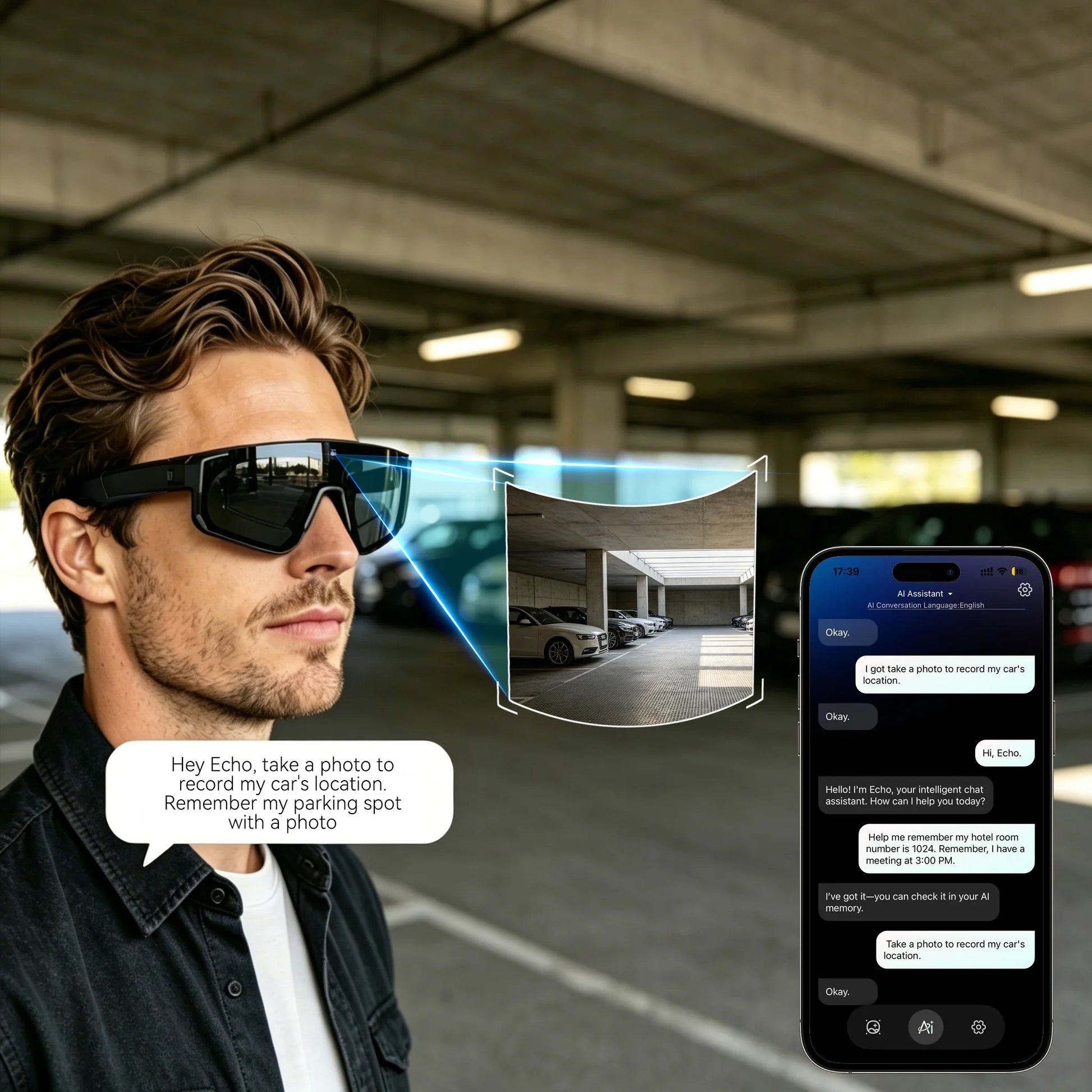 Man using Osawalla smart glasses to take a photo and remember parking spot with AI assistant