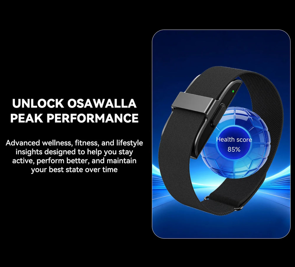 Osawalla fitness bracelet showing health score on dark tech background