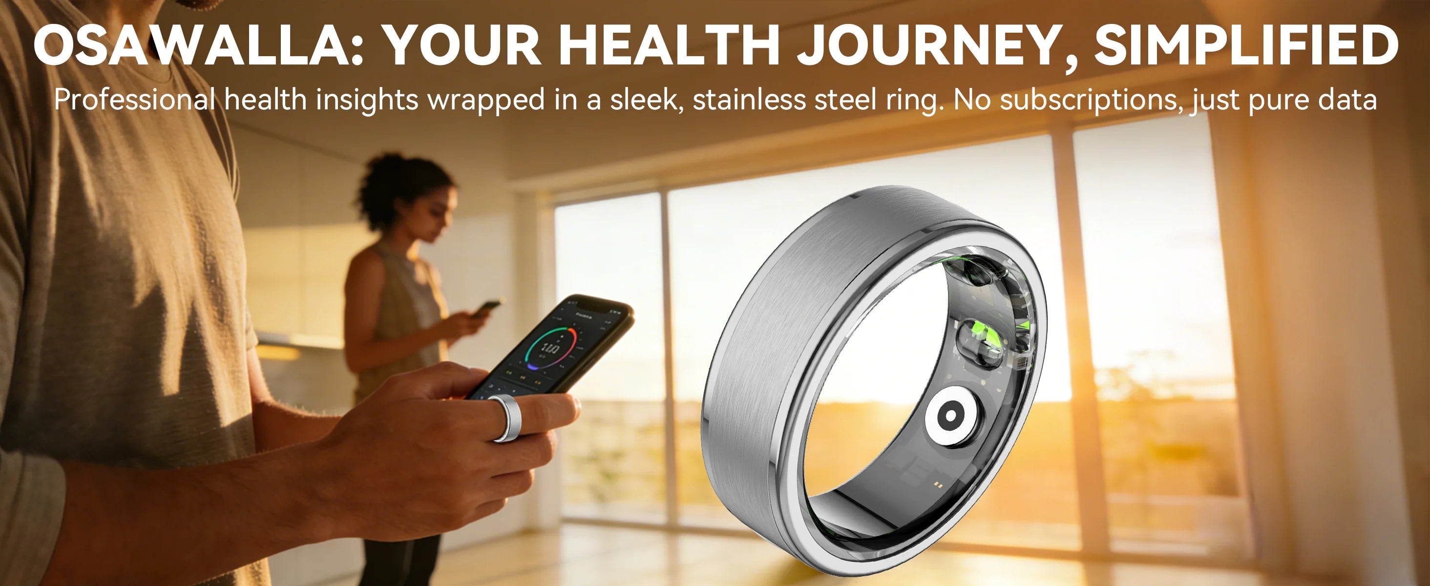 Osawalla Qring stainless steel smart ring hero banner with health app