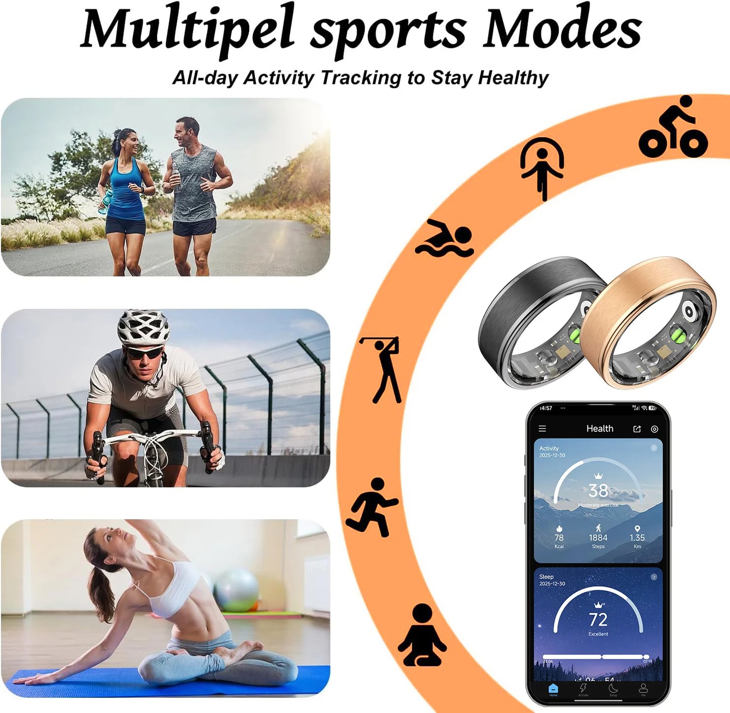 Osawalla RP01 smart ring with multiple sports modes including running, cycling, yoga, and app tracking