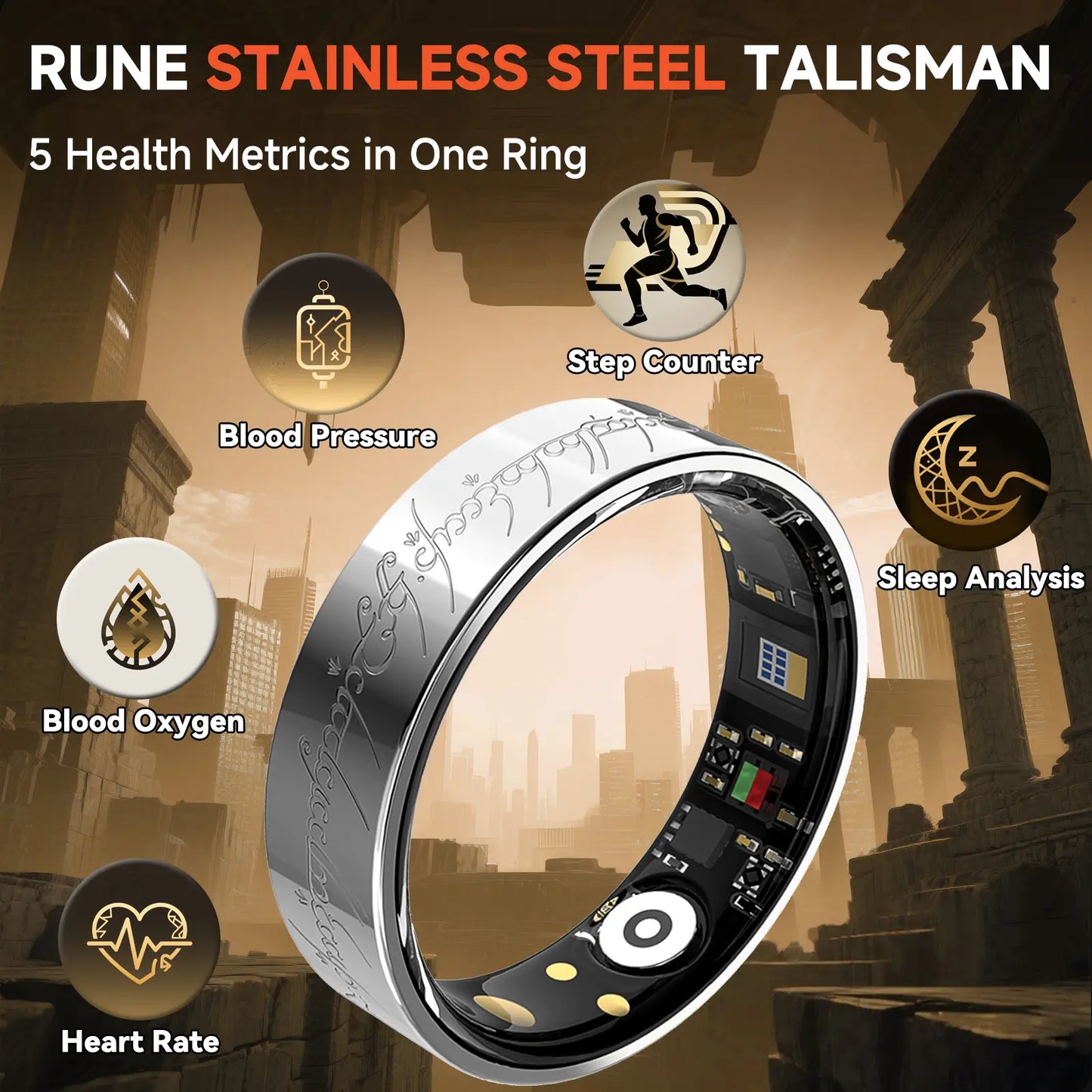 Silver Smart Health Ring - IP68 Waterproof Fitness Tracker (Heart Rate, SpO2, BP, Sleep, Steps) | iOS/Android No Subscription