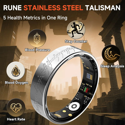 Silver Smart Health Ring - IP68 Waterproof Fitness Tracker (Heart Rate, SpO2, BP, Sleep, Steps) | iOS/Android No Subscription