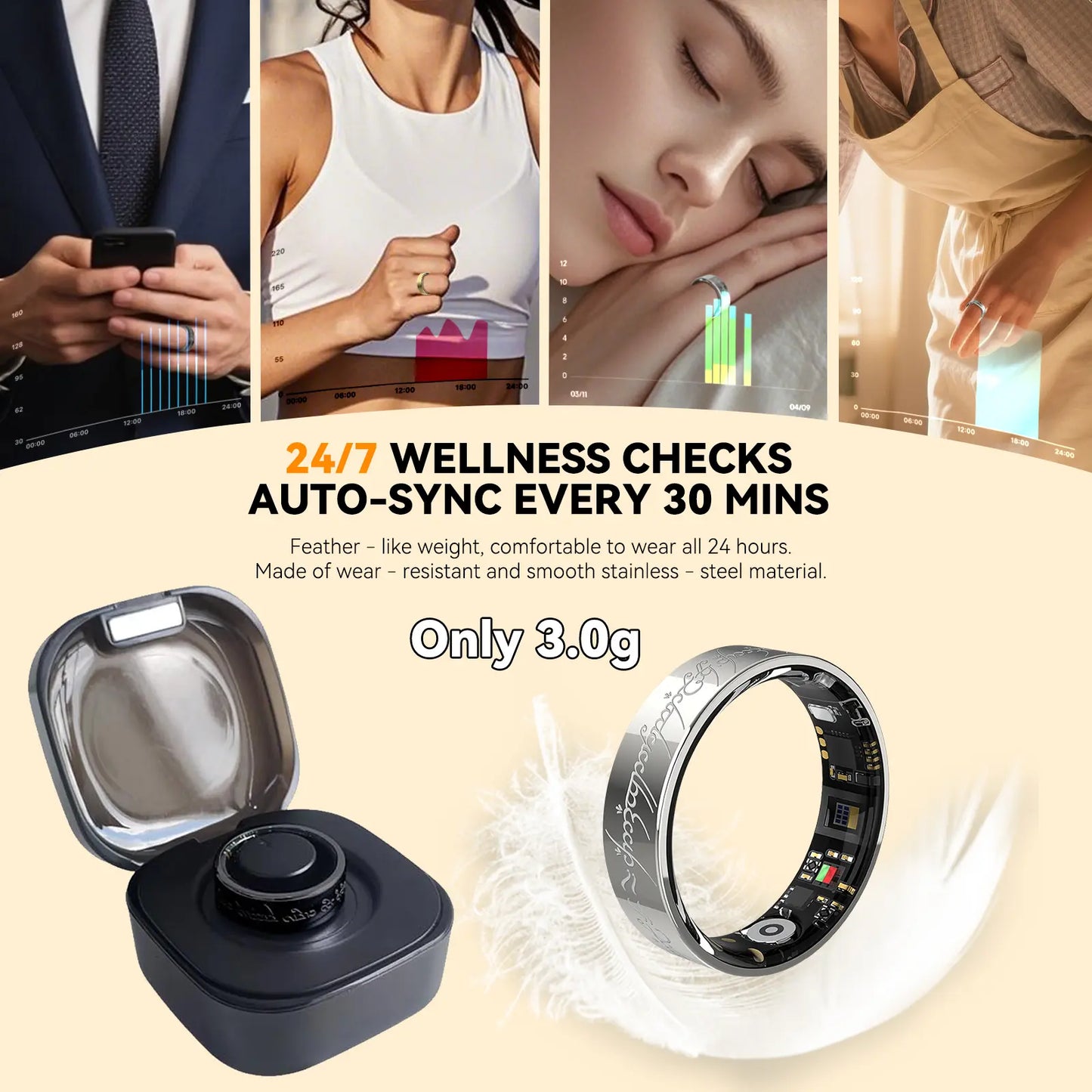 Silver Smart Health Ring - IP68 Waterproof Fitness Tracker (Heart Rate, SpO2, BP, Sleep, Steps) | iOS/Android No Subscription