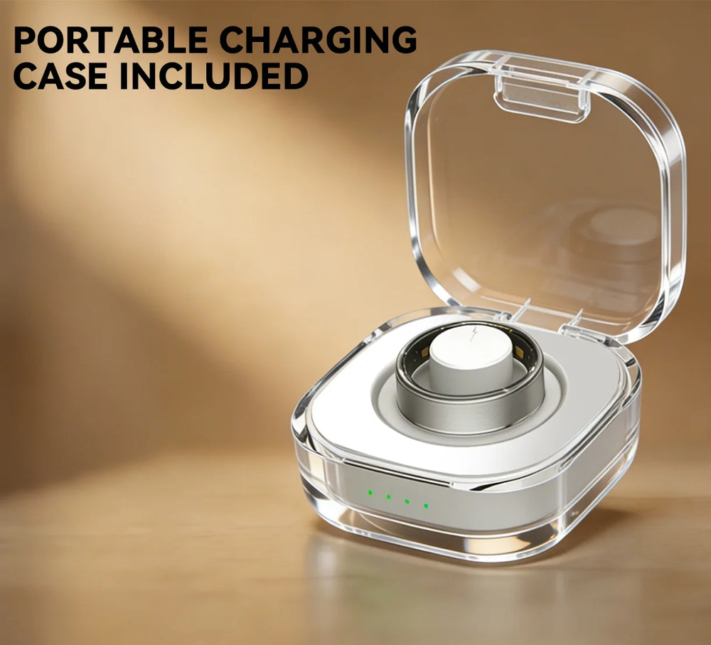 Osawalla smart ring with portable transparent charging case included