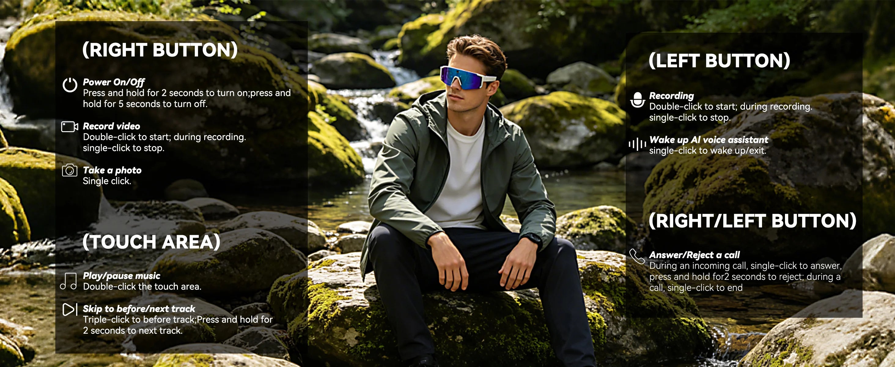 Osawalla smart glasses button controls recording camera music calls