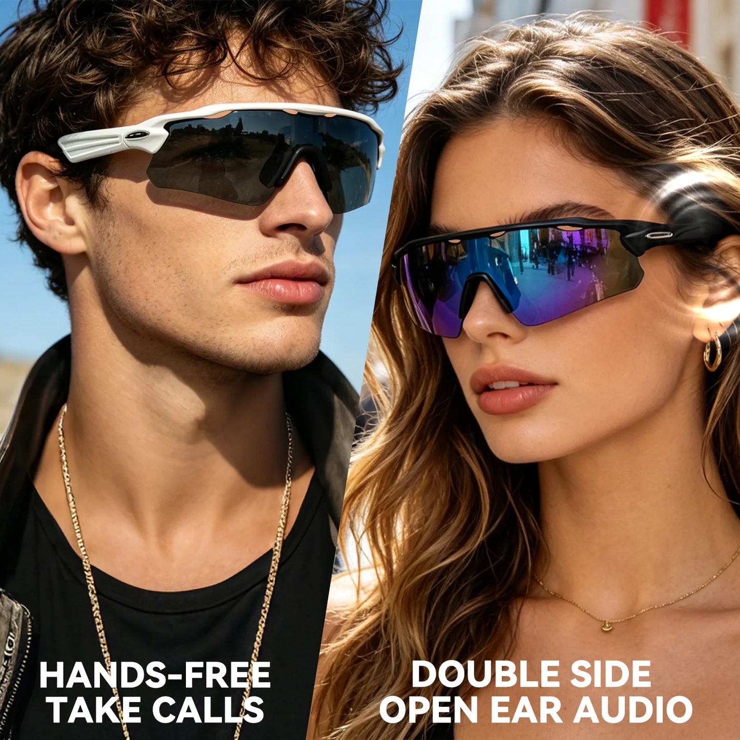 Sport open-ear smart sunglasses with dual-side audio and hands-free calling function